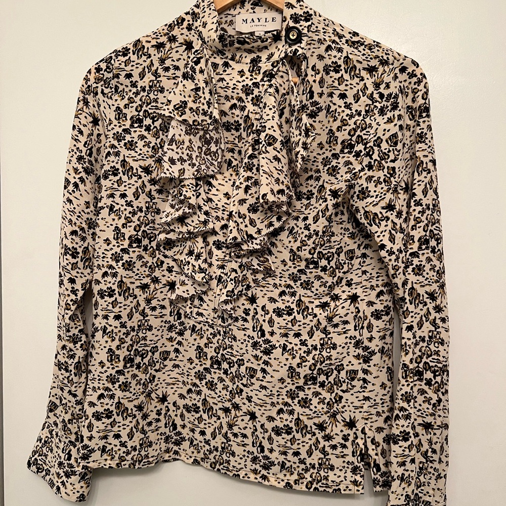 Mayle La Feminine Black & Cream Floral Ruffle silk  Blouse size 2